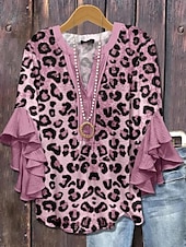tanie Dzień Niepodległości Top-Amerykańska bluzka damska z grafiką lamparta boho vintage codzienna 3/4 długości rękaw falbaniasty dekolt w kształcie litery V regularne topy codzienny urlopowy strój nadruk żółty jasnozielony różowy