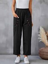 abordables Pantalon uni en coton et lin-Femmes Pantalon en coton et lin Slacks Mode Streetwear Longueur complète Naturel Uni Avec Poches Taille Élastique Confortable Sortir Week-end Chameau Noir Rose Bleu Été Coupe régulière