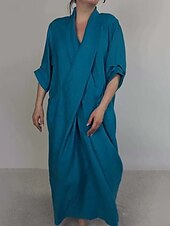 economico Vestito Semplice-Per donna Abito Lungo Maxi Abito Abito in cotone e lino Moda Moderno All&#039;aperto Vacanza Ferie Vestibilità regolare Semplice Mezza Manica Scollo a V Nero Bianco Blu Viola Estate