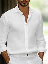preiswerte Freizeitanzüge-Herrenhemd Leinenhemd klassisch lässig Strandhemd Standard Fit Langarm Revers einfarbig Baumwolle Leinen weiß beige grau