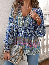preiswerte Boho Tops-Damen Hemd Boho-Hemd Sommeroberteile Blume Täglich Stilvoll Lässig Langarm V Ausschnitt Normale Oberteile Arbeit Täglich Ferien Druck Rosa Marineblau Blau Frühling Herbst