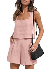 abordables Ensembles-Femmes Actif Basique Ensembles en coton et lin Sans manches Col carré Couleur Unie Décontracté Quotidien Noir Rose Claire Vert Véronèse Été Coupe régulière