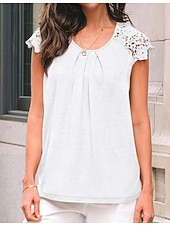 billiga Enkel t-shirt-Damernas T-shirt Enfärgad Plain Mode Stilig Klassisk Korta Ärmar Rund Halsringning Regelbundna Toppar Daglig Helg Spets Lappar Svart Blå Grön Khaki Sommar