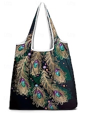 abordables Cabas et fourre-tout-Sac fourre-tout pliable à imprimé paon pour femme - Sac de courses réutilisable de grande capacité avec un design aquarelle élégant, léger et élégant, idéal pour un usage quotidien, les voyages et les achats écologiques