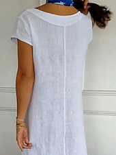 economico disegnare abiti in cotone e lino-Per donna Abito Midi Vestito Casual Abito in cotone e lino Moda Classico All&#039;aperto Ferie Uscire Vestibilità regolare Semplice Manica Corta Girocollo Nero Bianco Cachi Estate