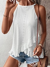 cheap Plain Tank Top-Women&#039;s Camisole Tank Top Plain Elegant Casual Sleeveless Crew Neck Regular Tops Daily Holiday Eyelet Black White Pink Summer Spring