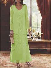 abordables Avec veste-Robe Mère de la Mariée Coupe Deux Pièces à la Plage Invité de Mariage Élégant Étincelle  Brillance Encolure en V Longueur Cheville Chiffon Sequins Manches Longues avec Sequins 2025 taille