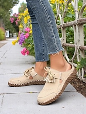 cheap Women&#039;s Clogs &amp; Mules-Women&#039;s Soft Sole Moccasin Mules– Pink Loafers with Fringed Detail, Lightweight Slip-On Design with Cutouts, Perfect for Garden Strolls and Casual Outings