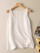billige Skjorter-Dame Bomull lin vest Bluse عادي Fritid Ermeløs Crew-hals Vanlige topper Daglig Ferie Hvit Oransje Grønn Kakifarget Sommer