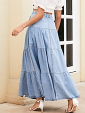 economico Gonne semplici-Per donna Gonna Gonna longuette in jeans Casual Boho Maxi Vita media Gonne Semplice Arricciato Tasca Micro-elastico Vacanza Casual Quotidiano Azzurro cielo Estate Denim