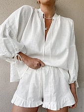 abordables Ensembles-Femmes Actif Chemises en coton et lin Chemisier Ensembles de Shorts manche longue Col en V Couleur Unie Froncé Décontracté Quotidien Week-end Noir Blanche Rose Claire Été Coupe régulière