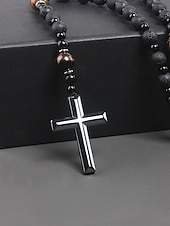 Недорогие Мужские украшения-мужское ожерелье с крестом из черного лавового камня и тигрового глаза – духовное ожерелье из нержавеющей стали с бусинами регулируемой длины, идеальный подарок на день отца для повседневной и религиозной носки