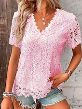 abordables T-shirt uni-T-shirt pour femmes couleur unie graphique simple mode moderne décontracté à manches courtes col en V hauts réguliers quotidiens week-end dentelle patchwork noir blanc rose rouge été