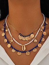 abordables Collier pour femme-Ensemble de colliers à breloques coquillages et pièces de monnaie en perles dorées et bleues pour femmes – colliers superposés de style bohème de plage avec des accents d&#039;étoiles de mer et de coquillages pour l&#039;été et les vacances