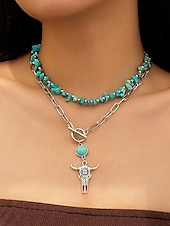 cheap Women&#039;s Necklace-Women&#039;s Western Layered Turquoise Beaded Necklace Set – Boho Statement Jewelry with Cactus &amp; Teardrop Charms, Ideal for Festivals, Country Concerts and Casual Wear