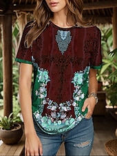 billige Boho t-skjorte-Dame T skjorte Blomstret Grafisk Fargeblokk Bohem Årgang Etnisk Kortermet Crew-hals Rund hals Vanlige topper Daglig Ut på byen Helg Trykt mønster Rød Blå Lilla Grønn Sommer Vår