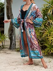 abordables Caftans-Femmes Maillots de Bain Vêtement couvrant Maillot de bain Nœud devant Tenues de plage Boho Fleur Col en V manche longue Maillots de bain