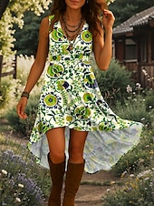abordables Robes Bohémiennes-Femmes Robe Midi Robe trapèze Robe d&#039;été Vacances Occasionnel Boho Sortir Plage Coupe régulière Fleuri Graphique Sans manches Col en V Jaune Bleu Violet Vert Été Printemps