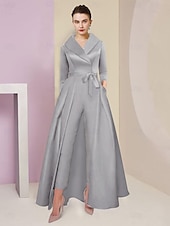 abordables Combinaisons pour maman-Combinaison  Tailleur Mère de la Mariée Tuxedo Invité de Mariage Élégant Party Simple Col Chemise Longueur Cheville Satin Manches 3/4 avec Nœud(s) 2025 taille personnalisée gratuite