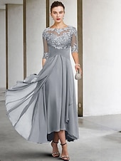 voordelige Vloerlengte-A-Lijn Moeder van de Bruid Jurk Bruidsgast Elegant Plus Size Hoog Laag V-Hals Asymmetrisch Enkel Lengte Chiffon Kant Halve Mouw met Beading Applicaties gratis maatwerk