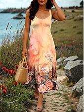 preiswerte Boho Kleider-Damen Maxikleid A Linie Kleid Sommerkleid Schulterfreies Kleid Urlaub Lässig Party Date Normale Passform Blumen Grafik Stammes Ärmellos Quadrathals Rote Orange Grün Sommer Frühling
