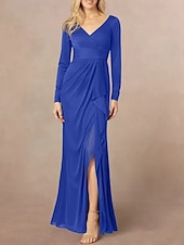 abordables Longueur du plancher-Sirène / Trompette Robe de Mère de Mariée  robe demoiselle d honneur Élégant Col en V Longueur au sol Chiffon manche longue avec Volants Devant Fendu Fronces 2025