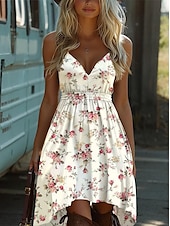 abordables Robes Bohémiennes-Femmes Mini Robe Robe Nuisette Vacances Occasionnel Boho Sortir Plage Coupe Standard Fleuri Graphique Sans manches Col en V Vert Claire Orange Beige Été Printemps
