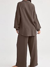 abordables Ensembles-Femmes Actif Mode Chemises en coton et lin Ensembles en coton et lin Chemisier manche longue Col de chemise Couleur Unie Dubbele Rij Knopen Fête Décontracté Quotidien Noir Ivoire Vin Été Coupe
