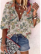 abordables T-shirt floral-Femmes Chemise Hauts d&#039;été Bohème Quotidien Chaussures de plage Demi Manches Col de chemise Hauts Réguliers Léopard Noir Jaune Bleu Ciel Fuchsia Été