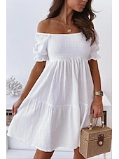 abordables Robes décontractées blanches-Femmes Mini Robe Robe Décontractée Robe d&#039;été Basique Moderne Quotidien Week-end Coupe régulière Uni Manche Courte Épaules Dénudées Noir Blanche Abricot Été