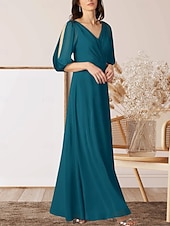 preiswerte Bodenlänge-A-Linie Brautmutterkleid Hochzeitsgast Elegant V Ausschnitt Bodenlang Chiffon Halbarm mit Raffung 2025