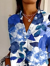 preiswerte Damen Urlaub Oberteile-Damen Hemd Langarm Button-Down Bluse Blumen Grafik Blatt Vintage Tropisch Alltag Hemdkragen Reguläre Tops Arbeit Alltag Urlaub Knöpfe Druck Blau Sommer Frühling