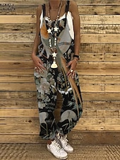 בגדי ריקוד נשים נורמלי סרבלים יום יומי פרחוני ללא שרוולים צווארון U דפוס רחוב חגים רגיל אפור כהה קיץ זול סרבל קז'ואל-בגדי ריקוד נשים נורמלי סרבלים יום יומי פרחוני ללא שרוולים צווארון U דפוס רחוב חגים רגיל אפור כהה קיץ