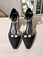 cheap Block Heel Pumps-Women's Black Suede Block Heel Dress Shoes with Gold Ankle Straps, Rhinestone Buckle for Daily Date, Casual Office, Romantic Evenings