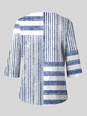 billige Kvinne Striper &amp; Geometriske Topper-Dame Bluse Grafisk Stripet Bohem Daglig Etnisk 3/4 ermer Crew-hals Vanlige topper Daglig Ferie Trykt mønster Blå Lilla Grønn Kakifarget Sommer Vår