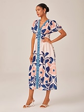 economico Abiti floreali-Abito lungo da donna, ampio, da resort, con stampa floreale, manica corta, arcobaleno, primavera ed estate, scollo a V, vestito da vacanza