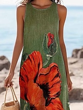 preiswerte Blumenkleider-Damen Maxikleid Sommerkleid Shiftkleid Schulterfreies Kleid Lässig Ausgehen Strand Normale Passform Blumen Grafik Ärmellos V Ausschnitt Grün Sommer Frühling