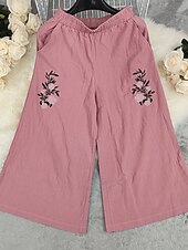 preiswerte weites Bein und hohe Taille-Damen Hose aus Baumwollleinen Stoffhosen Streetwear Boho Volle Länge Natürliche Taille Blume Tasche Elastischer Bund Drucken Bequem Außenbereich Ferien Ausgehen Hellrosa Sommer Normale Passform