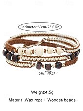 abordables Joyas para hombres-Juego de pulseras de cuentas hechas a mano para hombre: madera natural y cordón trenzado, joyería ajustable de estilo bohemio para playa, festivales y ropa informal.