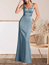 cheap Floor Length-Mermaid / Trumpet Mother of the Bride Dress Wedding Guest Elegant Minimalist V Neck Floor Length Satin Sleeveless with Ruching
