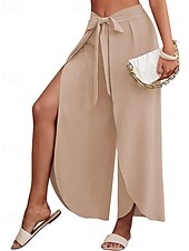 abordables Pantalón liso de lino y algodón-Mujer Pantalones de lino y algodón pantalones Casual Longitud total Cintura Media Plano Cintura elástica Separado Al Aire Libre Cómodo Festivos Ropa Cotidiana Fin de semana Albaricoque PEC Celeste