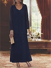 abordables Avec veste-Robe Mère de la Mariée Coupe Deux Pièces à la Plage Invité de Mariage Élégant Étincelle  Brillance Encolure en V Longueur Cheville Chiffon Sequins Manches Longues avec Sequins 2025 taille