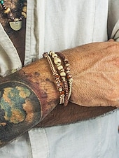 abordables Joyas para hombres-Juego de pulseras de cuentas hechas a mano para hombre: madera natural y cordón trenzado, joyería ajustable de estilo bohemio para playa, festivales y ropa informal.