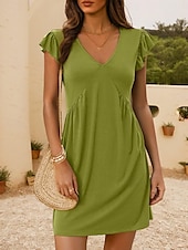 abordables Robe Simple-Robe courte pour femmes robe d&#039;été unicolore décontractée quotidienne plage ajustement ample graphique sans manches col en V noir bleu marine vert kaki été printemps