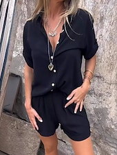 abordables Ensembles-Femmes Actif Mode Chemises en coton et lin Ensembles en coton et lin Chemisier Manche Courte Col de chemise Couleur Unie Dubbele Rij Knopen Sortir Week-end Noir Blanche Bleu Été Coupe régulière