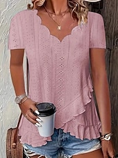 billige Plain t-skjorte-Dame Bluse Helfarge Stilfull Fritid Kortermet V-hals Vanlige topper Daglig Drapering Snørehull Hvit Gul Rosa Blå Grønn Sommer