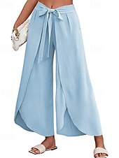 abordables Pantalón liso de lino y algodón-Mujer Pantalones de lino y algodón pantalones Casual Longitud total Cintura Media Plano Cintura elástica Separado Al Aire Libre Cómodo Festivos Ropa Cotidiana Fin de semana Albaricoque PEC Celeste