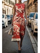 preiswerte Druck Blumen Kleider-Damen Midikleid Freizeitkleid Trägerkleid Sommerkleid Mode Modern Täglich Date Wochenende Normale Passform Blumen Ärmellos Rundhalsausschnitt Rote Rose Grau Sommer