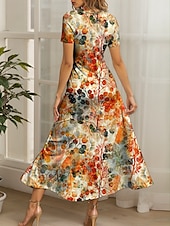 preiswerte Blumenkleider-Damen Maxikleid Freizeitkleid A Linie Kleid Sommerkleid Elegant Urlaub Lässig Normale Passform Grafik Blatt Kurzarm Quadrathals Rundausschnitt Gelb Rote Blau Purpur Sommer