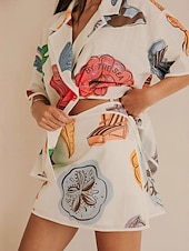 baratos Conjuntos-Mulheres Moda Roupa de rua Camisas de algodão e linho Conjuntos de linho de algodão Conjuntos de saia Manga Curta Colarinho de Camisa Estampado Imprimir Roupa Diária Encontro Branco Verão Normal